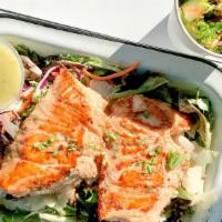 Keto Salmon Salad · Two, 4-oz. grilled salmon fillets served over a bed of leafy greens, kale, carrots, red cabb...
