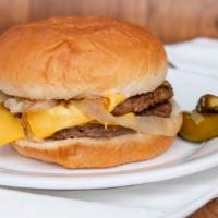 Double Cheese Burger · 2 8oz 100% beef patties Served with Grilled onions Cheese & Mustard on a Fresh Bun  *with Fr...
