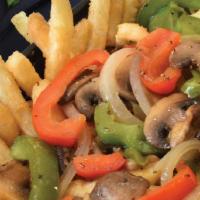 Veggie Bowl · French Fries with Sauteed Green and Red Peppers, Onions and Mushroons.