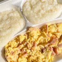 Morning Start · Two eggs scrambled served with your choice of meat and choice of grits OR hash brown