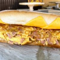 Ham, Eggs, And Cheese Sub · Scrambled eggs and ham served on a hoagie roll
