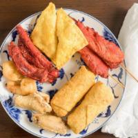 Pu Pu Platter (For 2) · Chicken wing, egg roll, fried shrimp, crab rangoon, teriyaki chicken, spare ribs.
