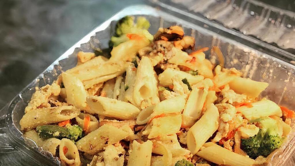 Pasta Salad · Penne pasta, grilled chicken, and roasted vegetables: onion, green peppers, mushrooms, broccoli, tomato, and carrot with Parmesan cheese and dressing of your choice.