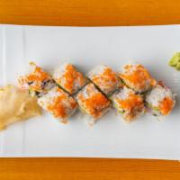 California Roll · Cucumber, avocado, crab meat, inside, outside with fish egg.