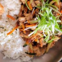 Chicken Bulgogi · Stir fried chicken bulgogi with vegetables and bowl of rice.
