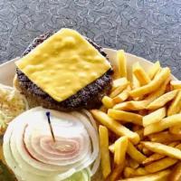 Cheeseburger Deluxe · 8oz burger with melted cheese choice placed on a toasted Kaiser bun served with lettuce, tom...