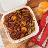 Large Brown Stew Shrimp · COMES WITH WHITE RICE OR PEAS & RICE STEAM CABBAGE OR STRINGBEANS