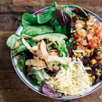 Havana (Havana Salad) · Fresh greens, corn and black bean salsa, white cheddar cheese, avocado, tortilla strips, sal...