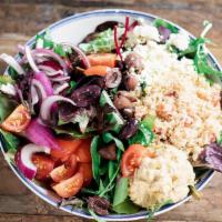 Mediterranean Salad · Fresh greens, baby spinach, house made quinoa tabbouleh, vine ripened tomatoes, roasted red ...