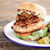 Salmon Burger · Salmon Burger served with your choice of two sides.
