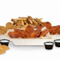 16 Pieces Crispy Tender Pack · 16 crispy tenders with 3 flavors, 3 dips, large fries, and 4 rolls. Feeds 4-5.