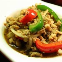 Stir Fried Basil · Onions, mushrooms, fresh basil leaves, bell peppers, and hot peppers. Served with white rice.