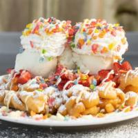 Fruity Pebble Overload · Served with fresh strawberries, 2 scoops of vanilla ice cream, whipped cream, fruity pebbles...