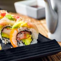 Tokyo Rainbow Roll · With Asparagus, Avocado and Tomato; topped with Tuna, Salmon, Yellowtail, Shrimp and Micro G...