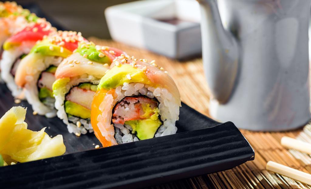Tokyo Rainbow Roll · With Asparagus, Avocado and Tomato; topped with Tuna, Salmon, Yellowtail, Shrimp and Micro Greens