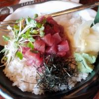 Maguro Donburi · Tuna and Shiso tossed with Soy Sauce on top of sushi rice