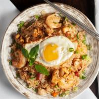Cantonese Fried Rice  · Applewood bacon, shrimp, chicken, Chinese sausage, onion, peas, sunny side egg.

GF option