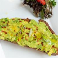 Avocado Toast · Multigrain, mashed avocado, red pepper flakes, olive oil, lime and scallions.