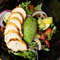 Greens & Chicken · Mixed greens, roasted chicken breast, avocado, cherry tomatoes, red onions, cucumber, and wh...