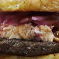 Low Country Burger · Pimento cheese, Sweet tea BBQ sauce, pickled red onions.