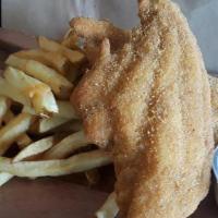 Fried Catfish Platter · 2 pieces of breaded catfish, our own hand cut fries and tartar sauce.