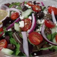 Lg Greek Salad · Mixed greens, olives, feta, tomatoes, red onions, cucumbers, house made Greek vinaigrette.