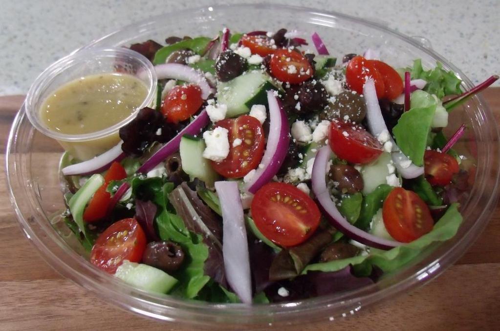 Small Greek Salad · Mixed greens, olives, feta, tomatoes, red onions, cucumbers, Greek vinaigrette.