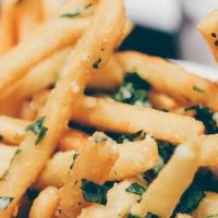 Garlic Parmesan Fries · Our hand-cut fries dusted with garlic and Parmesan cheese.