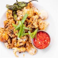 Crispy Calamari And Shrimp · soy ginger glaze, shishito peppers, scallions, sambal