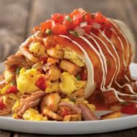 Smothered Breakfast Burrito* · Choice of roasted chicken breast or smoked pork carnitas with country potatoes, scrambled eg...