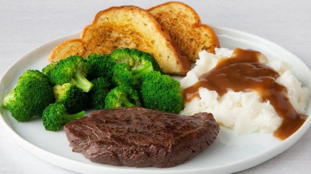 6 Oz. Top Sirloin* · Grilled in garlic steak butter, served with mashed potatoes and gravy and Texas toast.