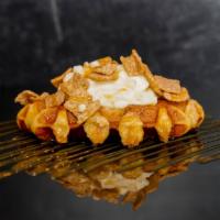 Cinnamon Caramel Crunch · Toasted Belgian waffle with cream cheese icing, cinnamon toast crunch, white chocolate chips...