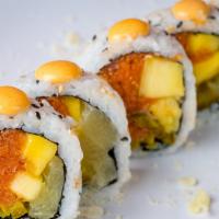 Hawaiian Roll (10 Pc) · Spicy tuna, jalapenos, mango, pineapple, eel sauce, with sesame seeds and spicy mayo on top.