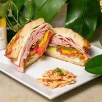 Genoa Salami, Cappicolo Ham, & Cheese Sandwich · Mayonnaise, mustard, lettuce, tomato, sweet peppers, hot peppers, onions, dressing, salt, an...
