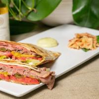 Roast Beef & Cheese Sandwich · Mayonnaise, mustard, lettuce, tomato, sweet peppers, hot peppers, onions, dressing, salt, an...