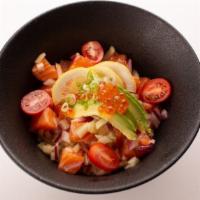 Salmon Pork Bowl · Salmon cubes, cucumber, tomato, onion, scallion, avocado and ikura with Hawaiian poke sauce....