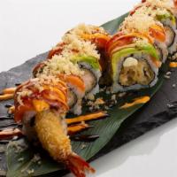 Super Crunch Roll · Shrimp tempura & cream cheese topped with salmon, avocado & crunch outside, spicy mayo & eel...