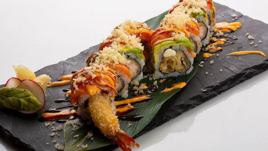 Super Crunch Roll · Shrimp tempura & cream cheese topped with salmon, avocado & crunch outside, spicy mayo & eel sauce