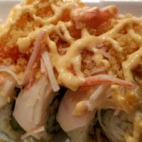 Snow Roll · Shrimp tempura, avocado, asparagus topped with escolar, spicy crab, spicy mayonnaise, and ee...