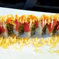 Red Dragon Roll · Shrimp tempura, avocado, cucumber, topped with tuna, tempura flakes, spicy mayonnaise, and m...