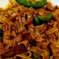 Kea Mau Noodle · Spicy. Sauteed wide rice noodles with bell peppers, onions, basil, and chili paste