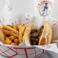 Steak & Cheese Philly · Philly with Grilled Onions and Provolone served on hoagie bun,  Served with Fries