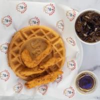 Waffle & Chicken Tenders · Fluffy waffle and three tenders served with syrup  and butter.
