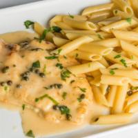 Chicken Piccata · Sautéed chicken breast in lemon & caper sauce. Served with pasta of the day.