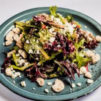 Red “House” Salad · Baby Greens, Candied Walnuts, Westfield Farms Goat Cheese, and RED Raspberry Vinaigrette.