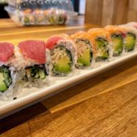 Rainbow Roll · Salmon, tuna, yellowtail, shrimp topped California roll.