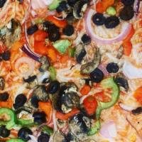 Vegan Pizza · Roasted red peppers, onions, tomatoes, garlic, mushrooms, vegan cheese.