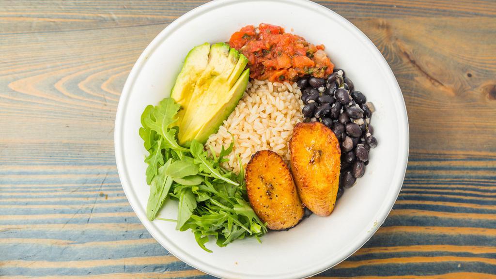 Core 57 Bowl · Gluten-Free. Brown rice, arugula, chunky red salsa, plantains, black beans, avocado, kosher salt and pepper. Served with cilantro dipping sauce.
