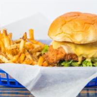 Fried Chicken Sandwich · Lightly fried antibiotic-free chicken breast, pepper jack cheese, romaine. tomato and honey ...