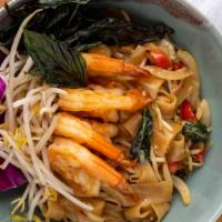 Pad Kee Mow/ Drunken Noodles · Jumbo shrimp and minced chicken over sauteed wide rice noodles with basil, onion, bean sprou...